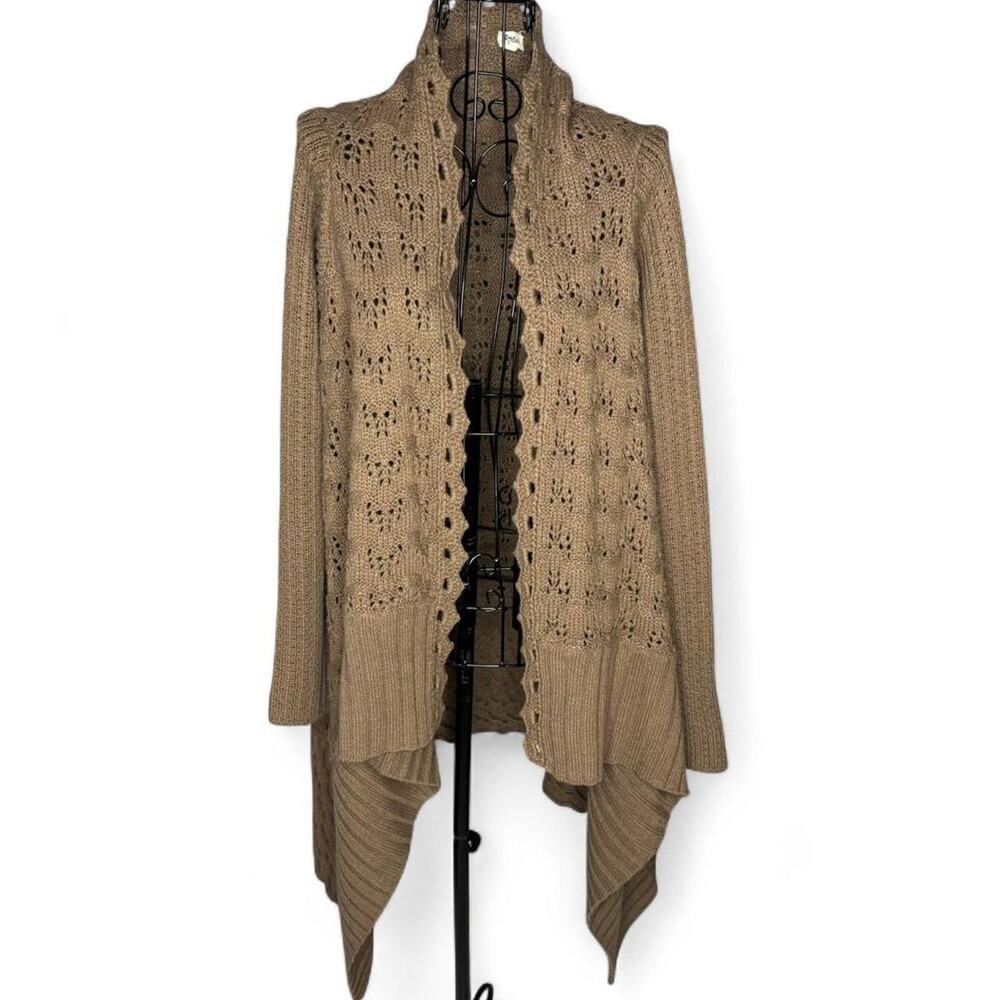 Love Riche Taupe Pointelle Knit Open Front Waterfall Cardigan – Size S